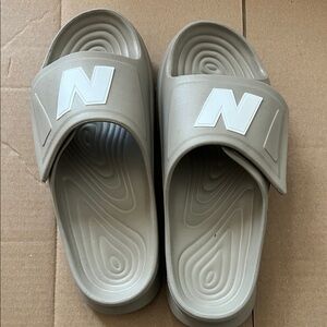 New Balance Taupe Slide Sandals with White N Accent